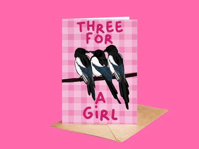Three For A Girl - Magpie New Baby Girl Greeting Card