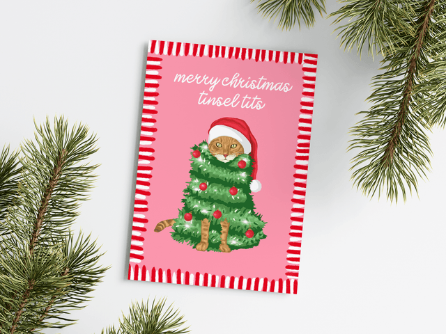 Merry Christmas Tinsel Tits Cat Christmas Card 