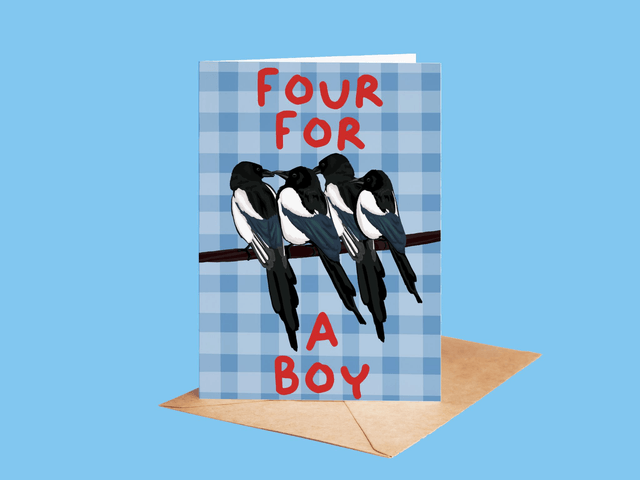 Four For A Boy - Magpie New Baby Boy Greeting Card