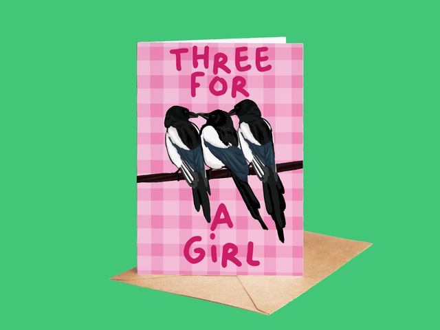 Three For A Girl - Magpie New Baby Girl Greeting Card