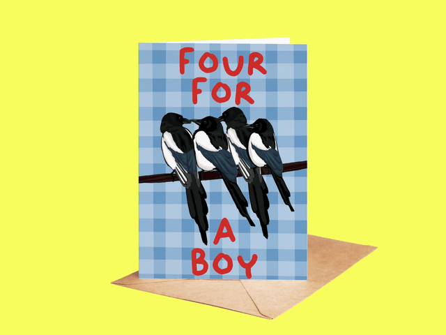 Four For A Boy - Magpie New Baby Boy Greeting Card