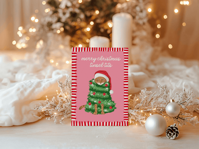 Merry Christmas Tinsel Tits Cat Christmas Card 