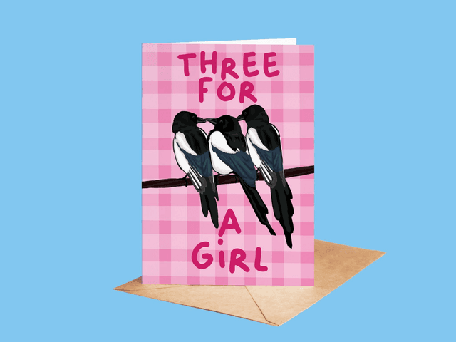 Three For A Girl - Magpie New Baby Girl Greeting Card