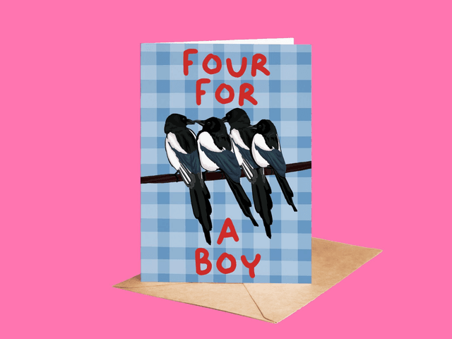 Four For A Boy - Magpie New Baby Boy Greeting Card